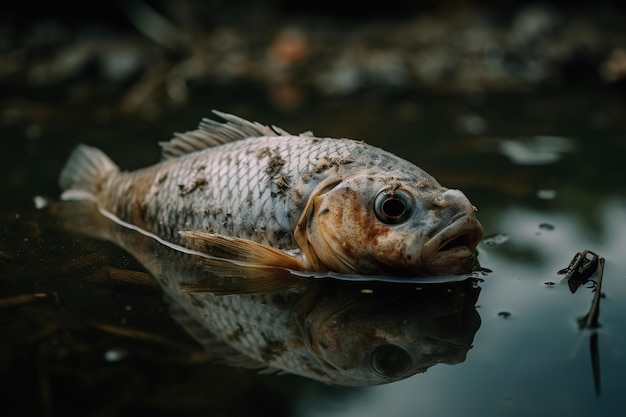 Un poisson sans vie flotte immobile sur la surface de l'eau