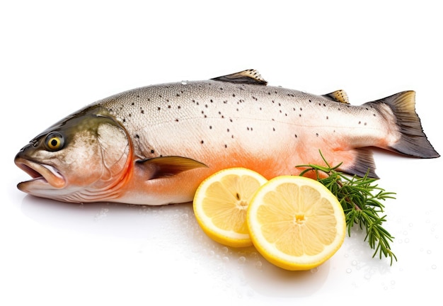 Poisson saumon frais au citron isolé sur blanc