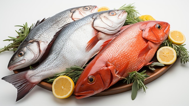 Poisson saumon frais cru avec légumes et herbes sur fond noir ai générative