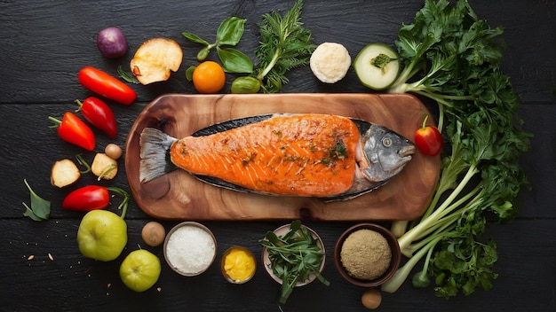 Poisson-saumon grillé et légumes variés sur une table en bois sur noir