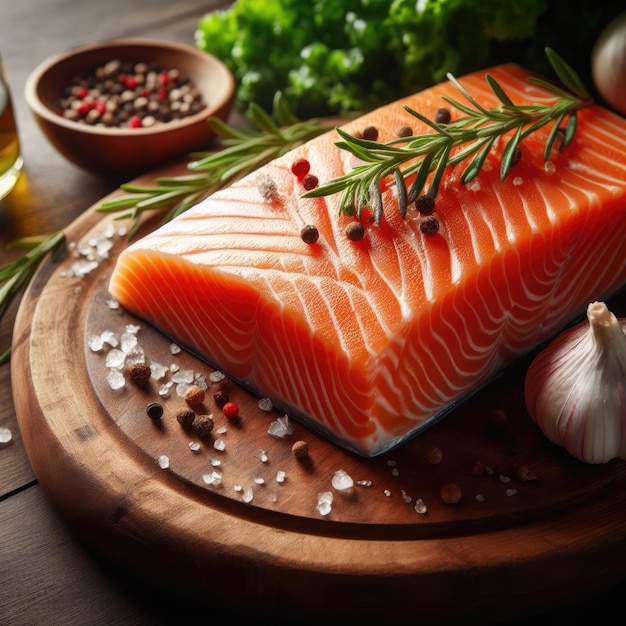 poisson saumon avec des herbes et des épices sur une planche à couper