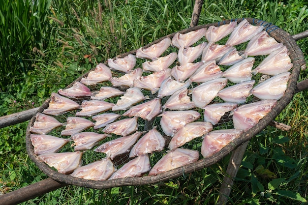 Photo poisson séché dans le panier au marché