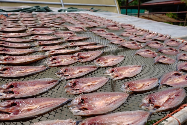 Photo poisson séché ou poisson salé sur le gril à vendre sur le marché