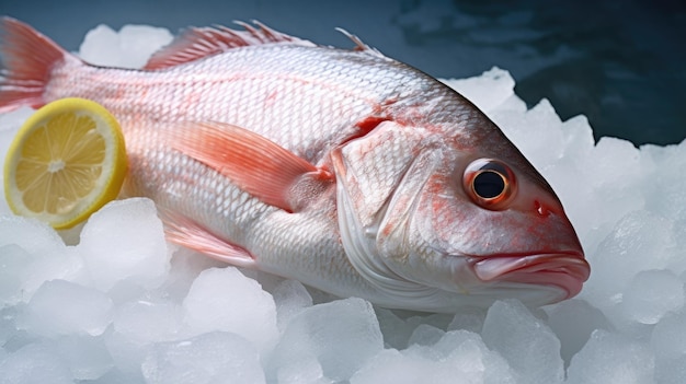 Un poisson snapper Poisson snapper cru avec du citron sur fond de glace Génératif Ai