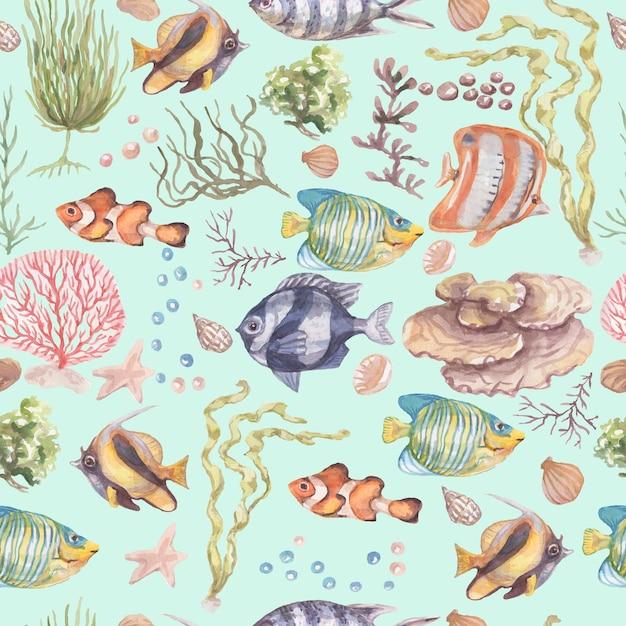 Poisson sous-marin mer océan coraux algues coquillages aquarelle illustration dessinée à la main. Prin textile vintage nature sauvage lumineux motif de poisson d'aquarium sans couture