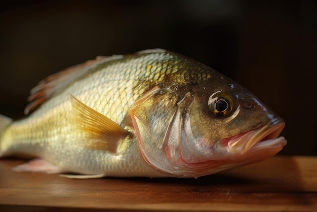 Photo un poisson sur une table avec le mot bass dessus