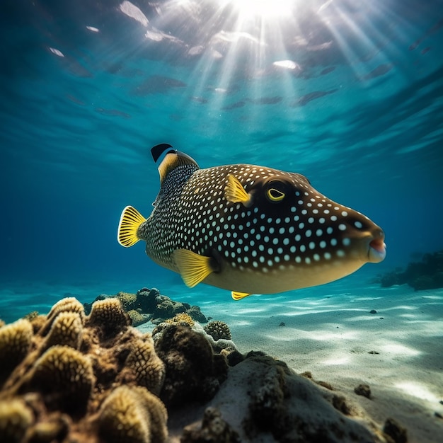 Un poisson avec une tache blanche sur le visage nage dans l'océan.