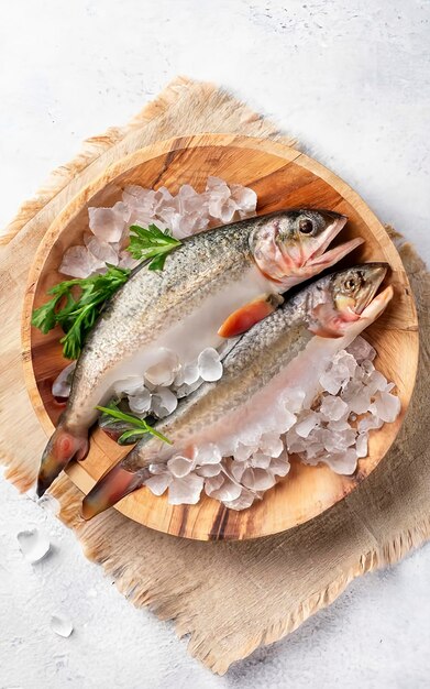 Poisson truite cru avec de la glace dans un bol en bois