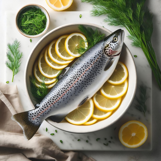 Photo poisson de truite frais sur une planche à couper farci d'herbes et de tranches de citron