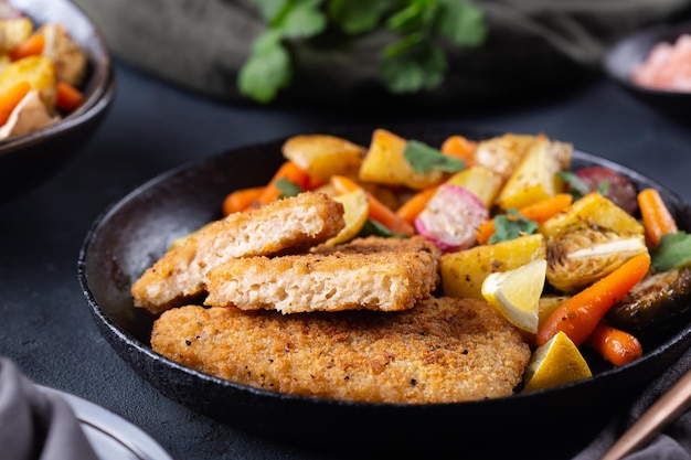 Poisson végétal végétalien avec pâte croustillante et légumes rôtis