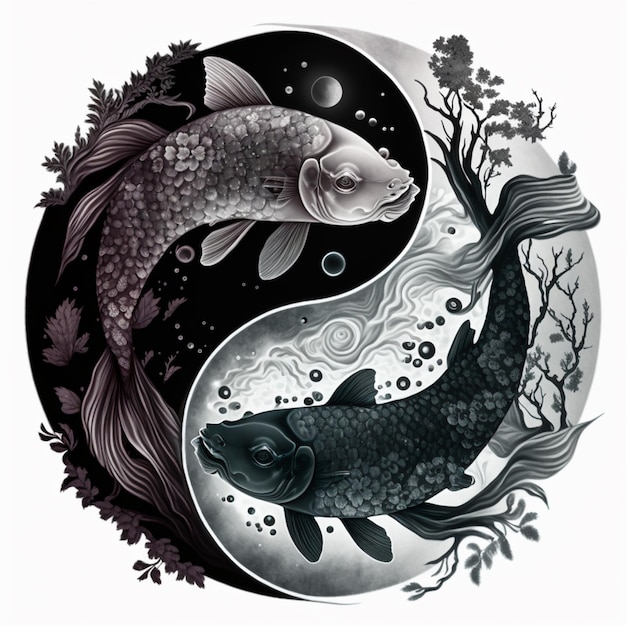 poisson yin et arbre dans un cercle avec un fond noir et blanc génératif ai