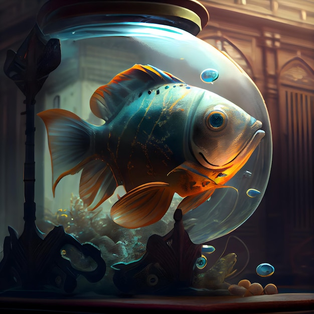 Photo poissons d'aquarium dans un bol en verre illustration 3d