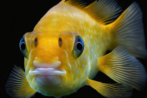 Poissons d'aquarium dans l'espace libre tête de belles espèces jaunes