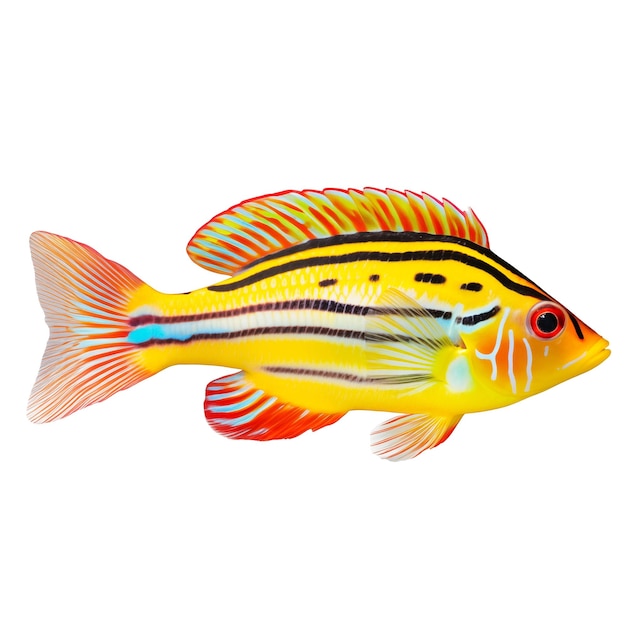 Photo poissons d'aquarium multicolores sur un arrière-plan transparent côté vue du wrasse un jaune et blanc