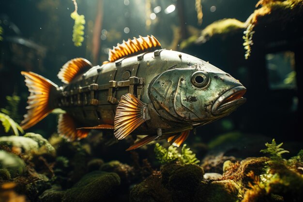 Des poissons argentés dansent dans une ville submergée entre le corail et le soleil filtré.