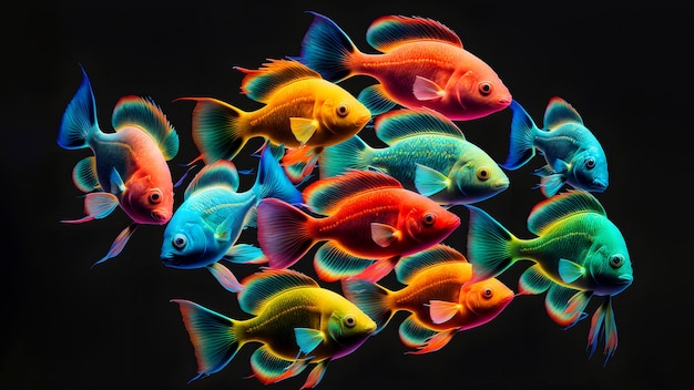 Photo poissons colorés brillants sur fond noir art généré par le réseau de neurones