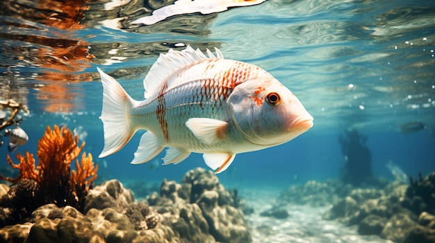Des poissons colorés nagent gracieusement dans le monde sous-marin bleu clair