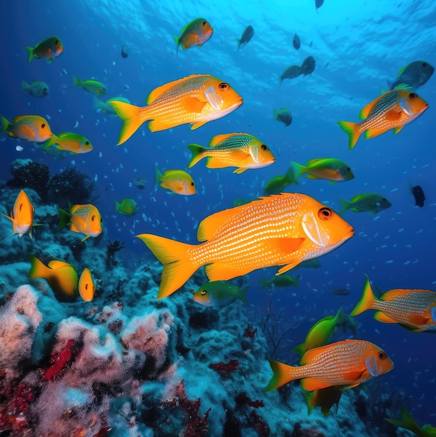 Poissons entourés de jeunes dans des couleurs vives et claires en haute mer