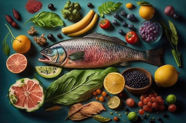 Poissons fruits légumes céréales et légumes à feuilles de la catégorie alimentation propre sont affichés en arrière-plan