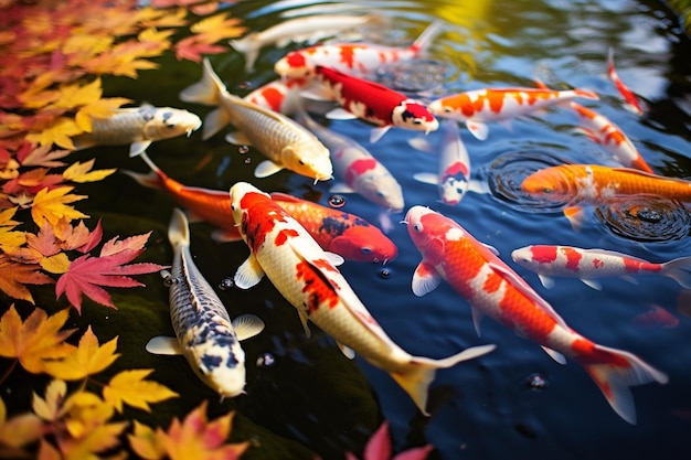 Photo des poissons koi colorés nageant dans un étang avec des feuilles d'automne