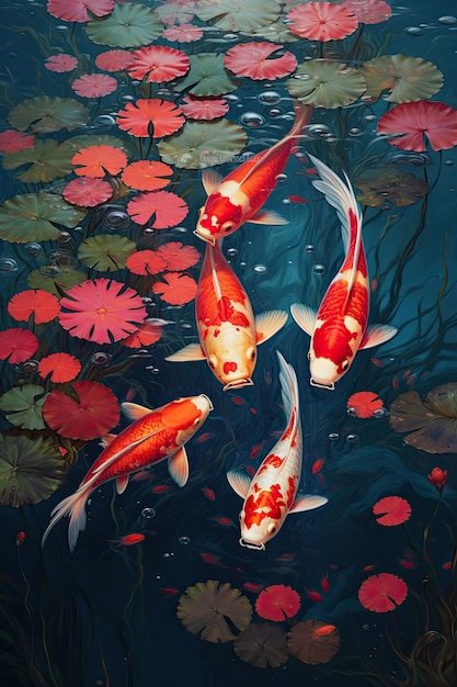 Photo les poissons koi nagent dans le lac de la fleur rouge.