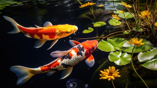 Les poissons Koi naviguent gracieusement dans un étang de jardin paisible