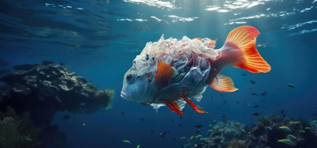 Les poissons nagent parmi la pollution plastique de l'océan Concept environnemental AI générative