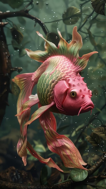 des poissons d'or mélangés avec du fruit du dragon