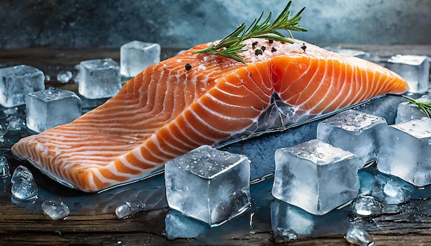 des poissons de saumon frais et des cubes de glace sur la table