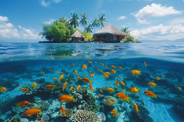 Poissons sous l'eau sur une île générée par l'IA