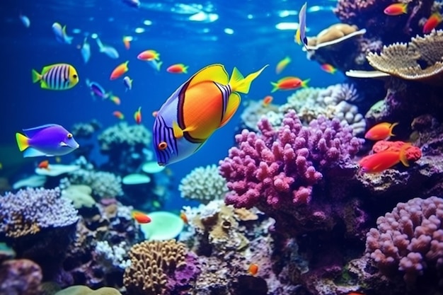 Poissons sous-marins de la mer tropicale sur les récifs coralliens Aquarium océanarium faune panorama marin coloré