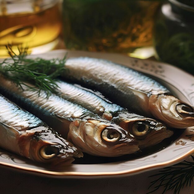 Poissons de sprats en conserve dans l'huile et l'aneth sur une assiette sur la table