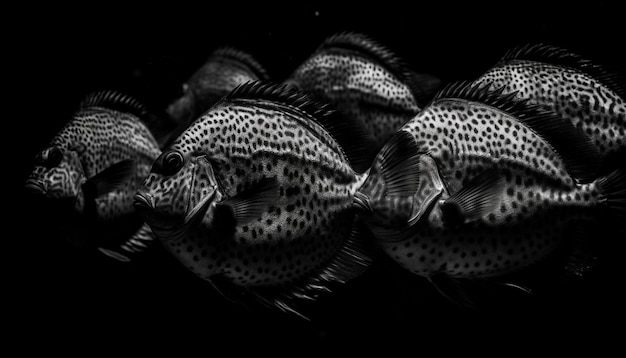 Photo des poissons tachetés noirs et blancs nageant dans des récifs coralliens sous-marins générés par l'intelligence artificielle