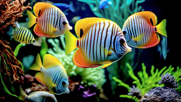 Photo des poissons tropicaux colorés dans un aquarium avec des algues