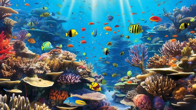 Poissons tropicaux colorés sur un récif de corail Illustration générative de l'IA Monde sous-marin