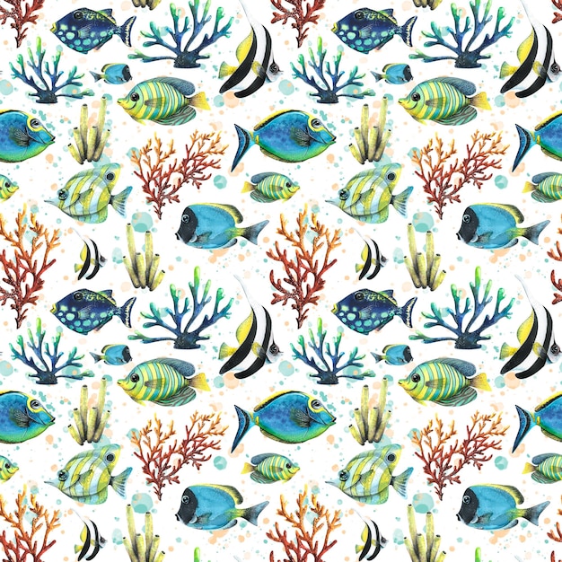 Poissons tropicaux lumineux coraux éponges de mer Illustration aquarelle Modèle sans couture Pour la décoration et la conception de tissus textiles papier peint papier d'emballage accessoires de vêtements de plage et d'été