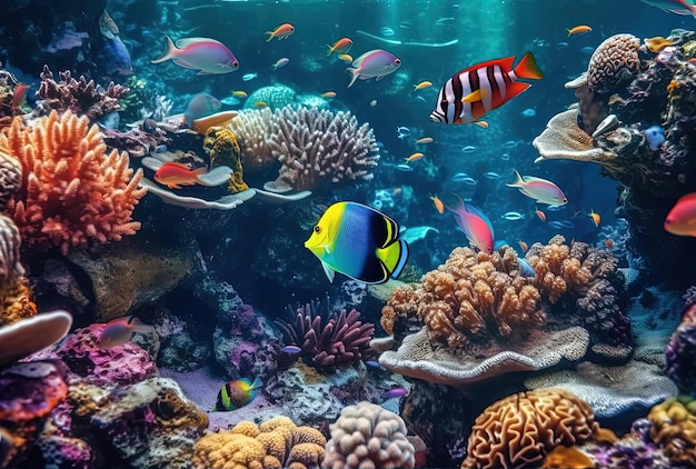 Les poissons tropicaux nagent près du récif de corail.