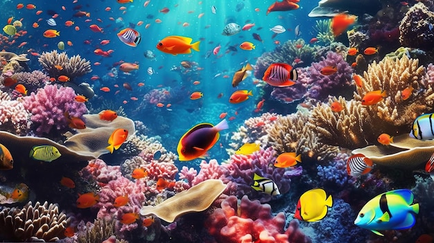 Photo poissons tropicaux sous l'eau sur un récif de corail illustration ia générative