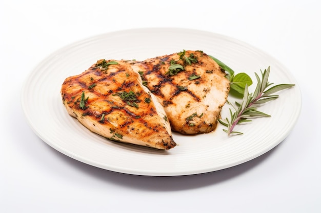 Photo des poitres de poulet marinées grillées servies avec de l'origan frais sur un fond blanc