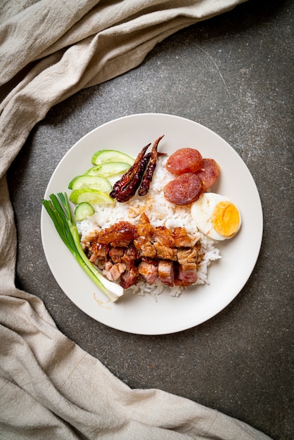 poitrine de porc croustillante sur riz garni