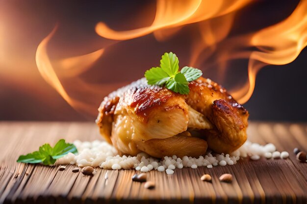 une poitrine de poulet est sur une table en bois avec un feu derrière elle