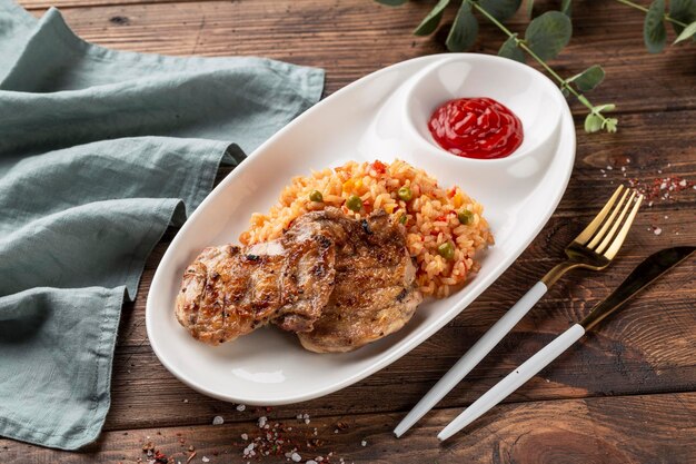 Poitrine de poulet ou filet de viande de volaille grillée et riz blanc bouilli aux petits pois