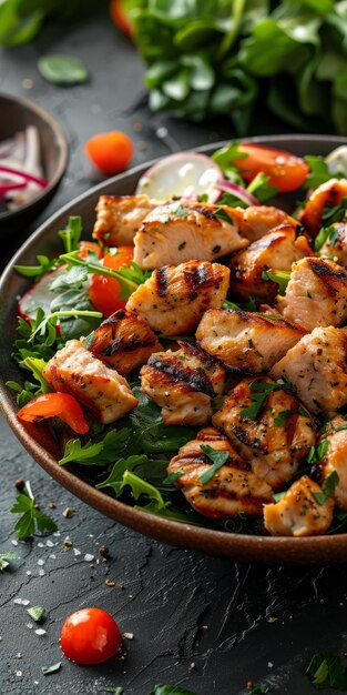 Photo poitrine de poulet grillée avec des feuilles de salade fraîches et des légumes