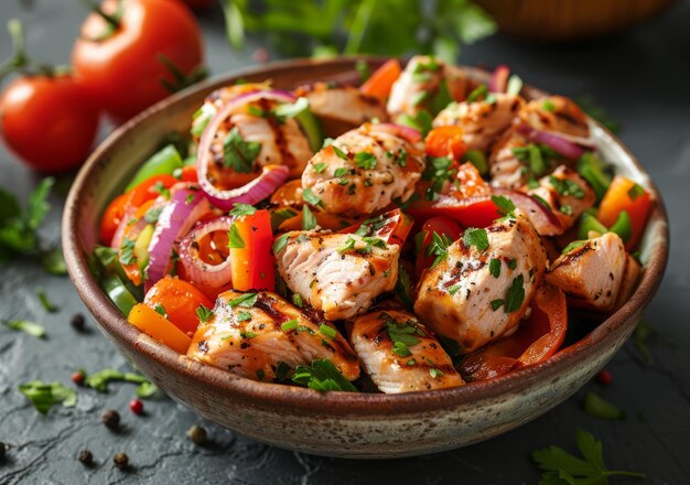 Photo poitrine de poulet grillée avec des légumes rôtis et des herbes fraîches