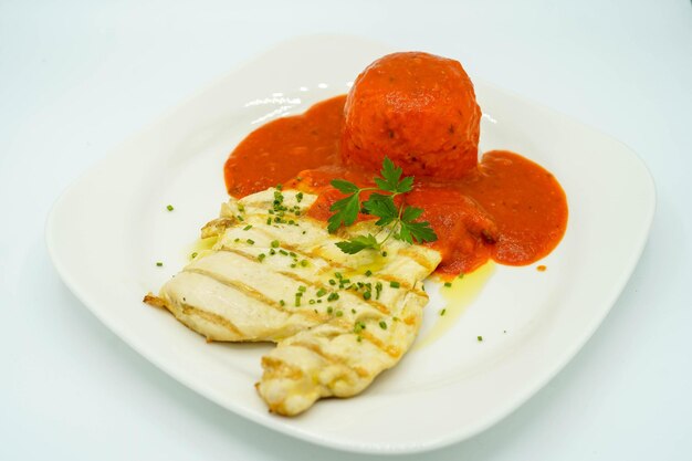 Poitrine de poulet grillée avec riz et sauce tomate