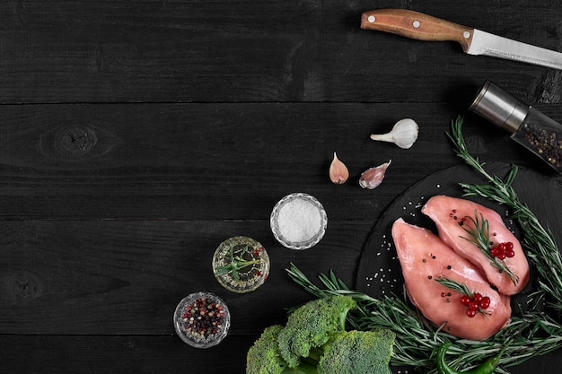 Poitrine de poulet sur une planche à découper avec des herbes et différents légumes sur fond de bois rustique Vue de dessus Copier l'espace Nature morte Mise à plat