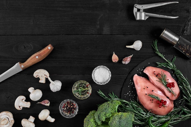 Poitrine de poulet sur une planche à découper avec des herbes et différents légumes sur fond de bois rustique Vue de dessus Copier l'espace Nature morte Mise à plat