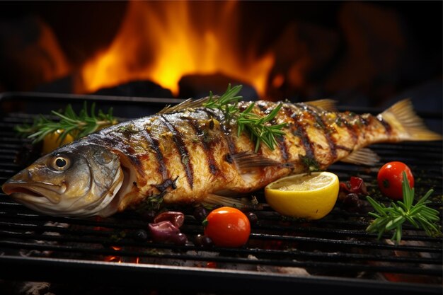 Photo poitrines de poisson grillées sur une plaque de gril sur un fond noir avec des tomates