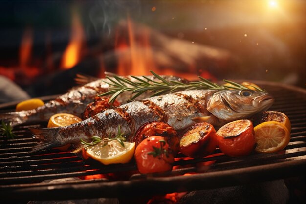 Poitrines de poisson grillées sur une plaque de gril sur un fond noir avec des tomates