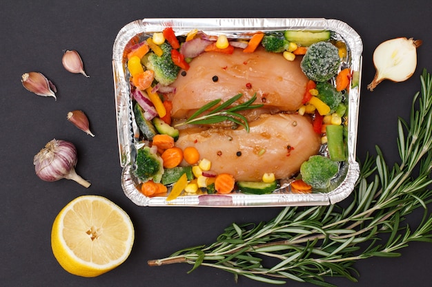 Poitrines de poulet crues ou filet dans un récipient en métal avec des ingrédients.